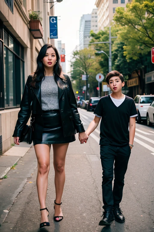 A tall woman and a small man, whole body