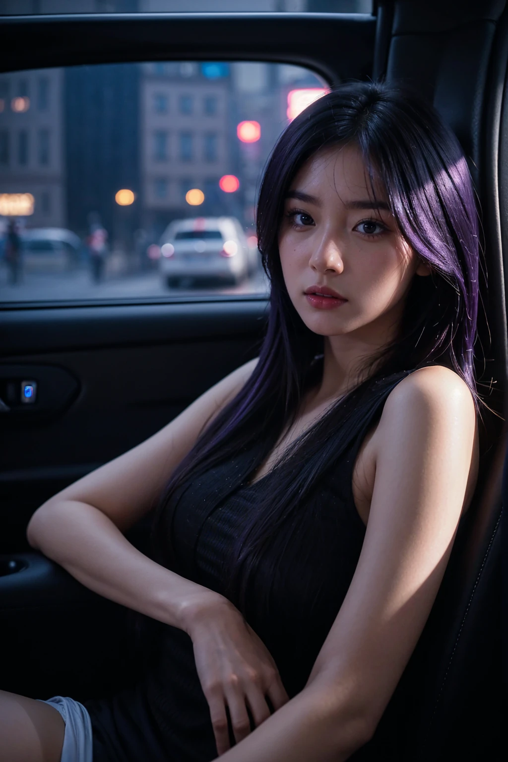 a detailed asian girl sleeping in the back of a car, (black and purple hair), beautiful detailed face, high resolution, 4k, photorealistic, ((detailed interior of car,)) realistic lighting, street outside car, ((cityscape through window), intricate textures, cinematic composition, 4k