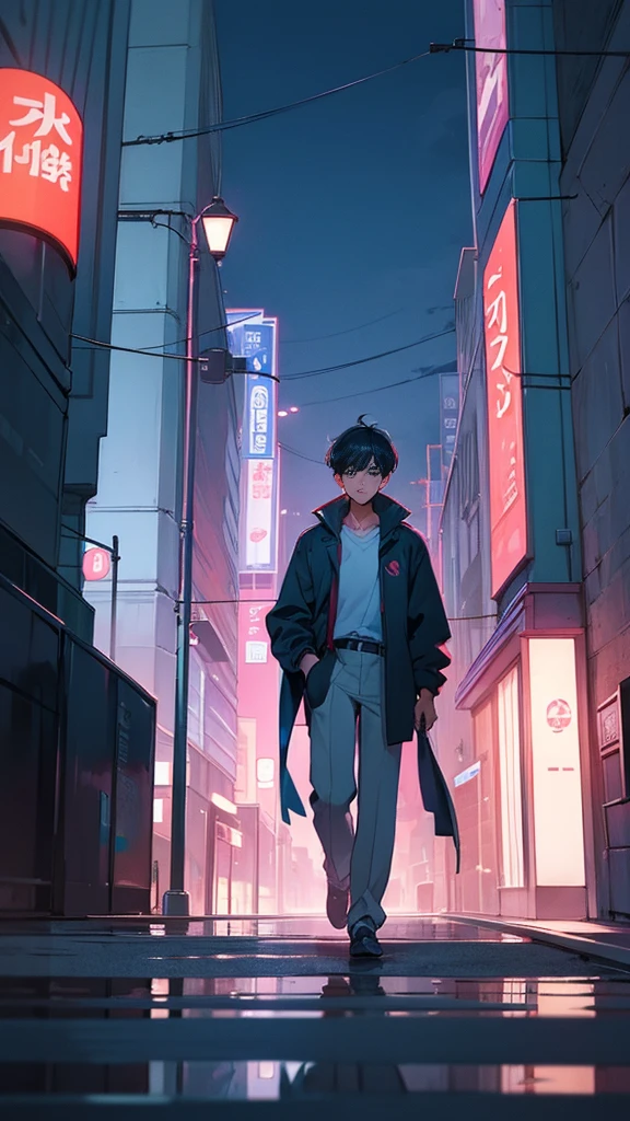 (best quality:1.2)(detail:1.2)
80s anime style.youngMan with black hair in dimly.Walking around the city, the illuminated scenery at night,
