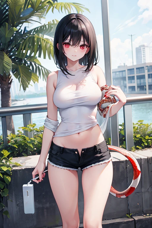 Woman with black hair, red eyes, smooth white skin, soft features,  She wears In short shorts and a tight white top, she carries a snake in her arma, In public, NSFW