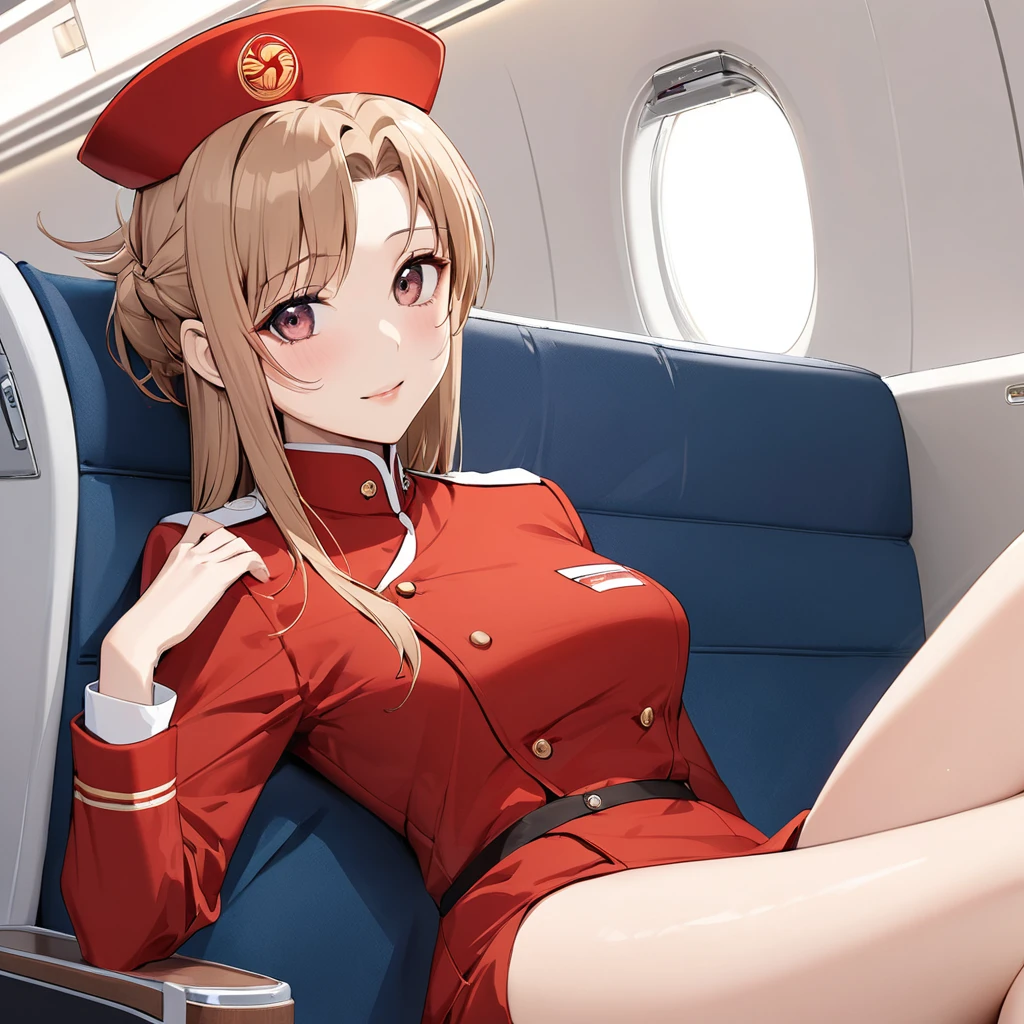 ((Highest quality)), ((masterpiece)), (detailed), (Perfect Face)、The woman is a Chinese flight attendant for Air China, named Yuuki Asuna, with light brown, medium-long hair.、The woman is wearing the red uniform of an Air China flight attendant.、The woman is an honorable special flight attendant reserved for members of the Chinese Communist Party.、The woman is the exclusive host for Chinese Communist Party members relaxing in first class.