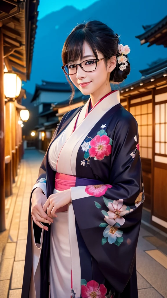 (Super beautiful woman in kimono)、((highest quality、8K masterpiece:1.3))、sharp focus:1.2、(super beautiful face:1.0)、(shiny skin:1.0)、realistic pictures、black hair、video lighting、High resolution eyes and face、video lighting、japanese actress、from the front、big breasts、with a happy smile、Slender abs beauty、whole body、wearing a kimono、in Kyoto、(((luxury obi)))、In Kyoto at night、wearing glasses with no edge、with a fan、Fireworks Display