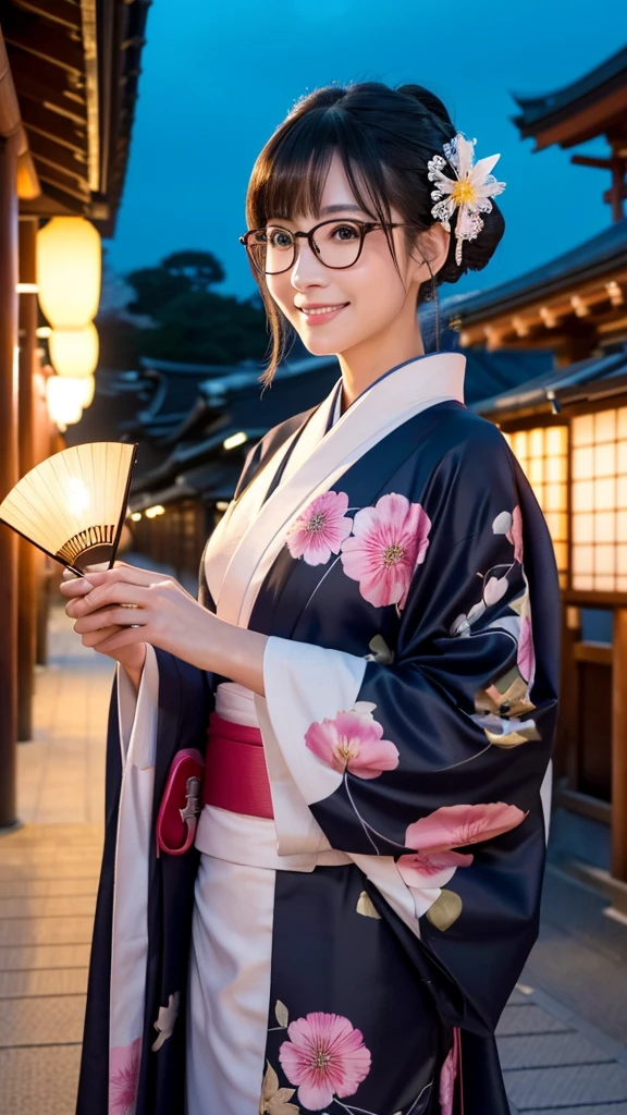 (Super beautiful woman in kimono)、((highest quality、8K masterpiece:1.3))、sharp focus:1.2、(super beautiful face:1.0)、(shiny skin:1.0)、realistic pictures、black hair、video lighting、High resolution eyes and face、video lighting、japanese actress、from the front、big breasts、with a happy smile、Slender abs beauty、whole body、wearing a kimono、in Kyoto、(((luxury obi)))、In Kyoto at night、wearing glasses with no edge、with a fan、Fireworks Display