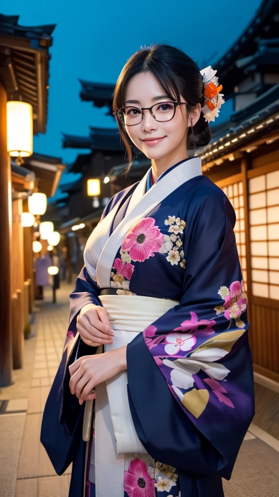 (Super beautiful woman in kimono)、((highest quality、8K masterpiece:1.3))、sharp focus:1.2、(super beautiful face:1.0)、(shiny skin:1.0)、realistic pictures、black hair、video lighting、High resolution eyes and face、video lighting、japanese actress、from the front、big breasts、with a happy smile、Slender abs beauty、whole body、wearing a kimono、in Kyoto、(((luxury obi)))、In Kyoto at night、wearing glasses with no edge、with a fan、Fireworks Display