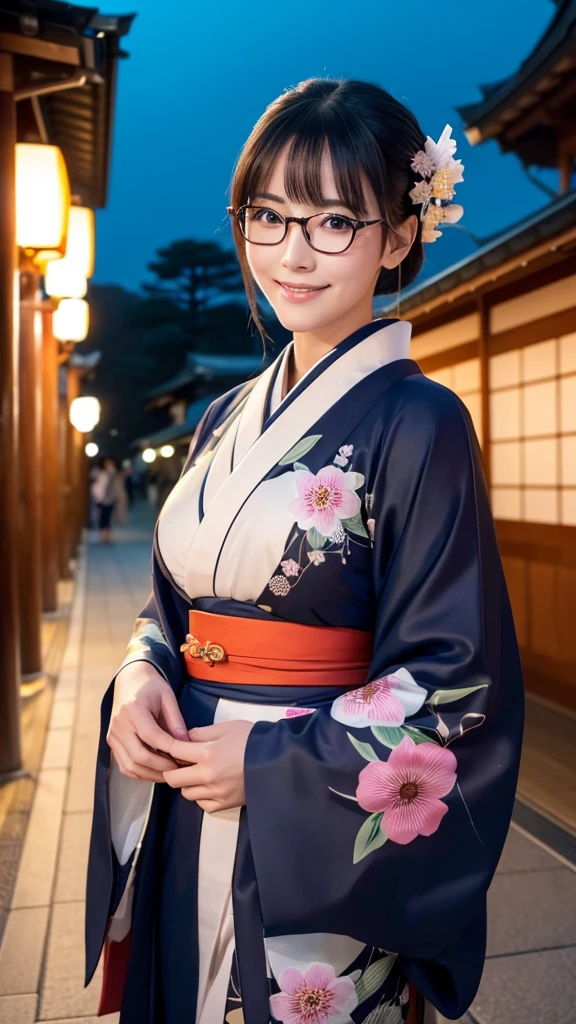 (Super beautiful woman in kimono)、((highest quality、8K masterpiece:1.3))、sharp focus:1.2、(super beautiful face:1.0)、(shiny skin:1.0)、realistic pictures、black hair、video lighting、High resolution eyes and face、video lighting、japanese actress、from the front、big breasts、with a happy smile、Slender abs beauty、whole body、wearing a kimono、in Kyoto、(((luxury obi)))、In Kyoto at night、wearing glasses with no edge、with a fan、Fireworks Display