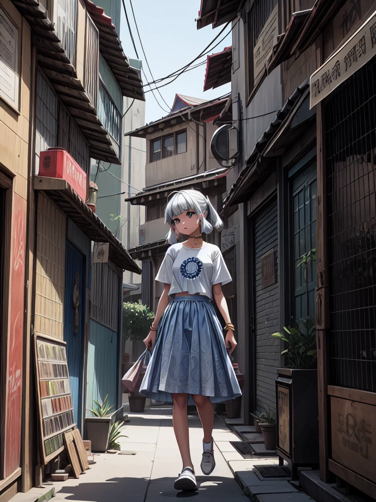 Indian girl, Indian street, village site, crowded Indian street , the girl wearing white t shirt and black skirt and white shoes,