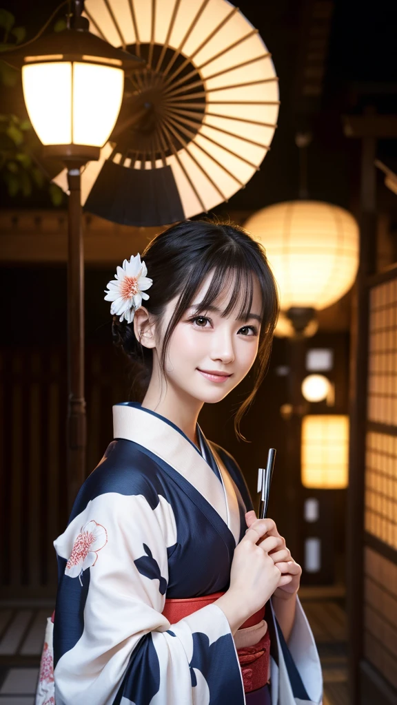 (Super beautiful woman in kimono)、((highest quality、8K masterpiece:1.3))、sharp focus:1.2、(super beautiful face:1.0)、(shiny skin:1.0)、realistic pictures、black hair、video lighting、High resolution eyes and face、video lighting、japanese actress、from the front、with a happy smile、whole body、wearing a kimono、in Kyoto、(luxury obi)、with a fan、Fireworks Display