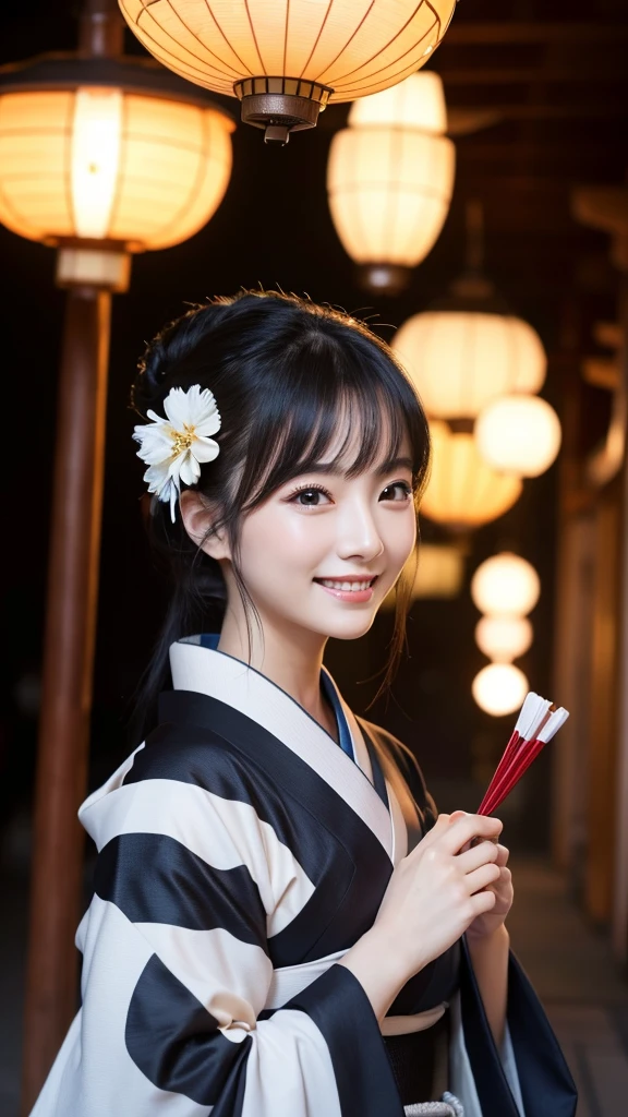 (Super beautiful woman in kimono)、((highest quality、8K masterpiece:1.3))、sharp focus:1.2、(super beautiful face:1.0)、(shiny skin:1.0)、realistic pictures、black hair、video lighting、High resolution eyes and face、video lighting、japanese actress、from the front、with a happy smile、whole body、wearing a kimono、in Kyoto、(luxury obi)、with a fan、Fireworks Display
