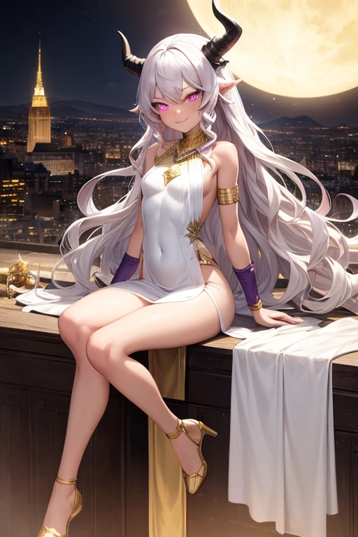 ((best quality)), ((masterpiece)), (detailed), 1 girl, full body, 20s, brown skin, flirtatious face, young adult, evil smile, pink eyes, moons in eyes, black sclera, albino hair, somewhat wavy hair, long hair, bangs, blushing, medium breasts, small braid, gold necklace, crown with small horns, white and purple sorceress dress, bare arms, cloth on arms, seductive legs, fan, golden wristbands, city background, magic, anime