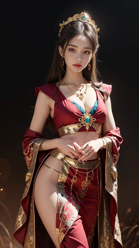 A stunning female character with an Eastern-inspired aesthetic, adorned in a gold necklace with intricate red beads and ornate jewelry, standing in front of a vibrant, glowing background that radiates warmth and beauty.8k