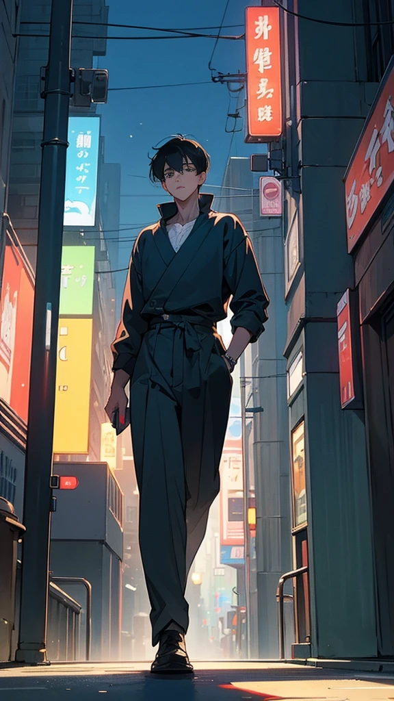 (best quality:1.2)(detail:1.2)
80s anime style.youngMan with black hair in dimly.Walking around the city, the illuminated scenery at night,The face is well-constructed