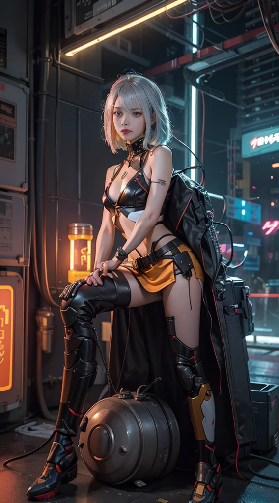 unreal engine:1.4,hiper HD,The best quality:1.4, photorealistic:1.4, skin texture:1.4, tmasterpiece:1.8, 1 chica cyberpunk, brunette hair, glowing skin, 1 orange mechanical girl, (Super realistic details)), full bodybian, global ilumination, contrast, In the shade, Rendered by Octane, ultrasharp, exposed cleavage, raw skin,Orange mini skirt, metal,Intricate yellow decorative details, Japan details, High level of detail, Raytraicing realista, Trends in CG, in front of camera, Neon light detail, mechanical limbs, blood vessels connected to the tube, Mechanical vertebrae attached to the back, mechanical cervical attachment to the neck, Wires and cables that connect to the head, Gundam, small LED lamps. Girl、silver hair、Perfectly rounded pupils、huge irisディテール, light smile,(cyberpunk:1.3)