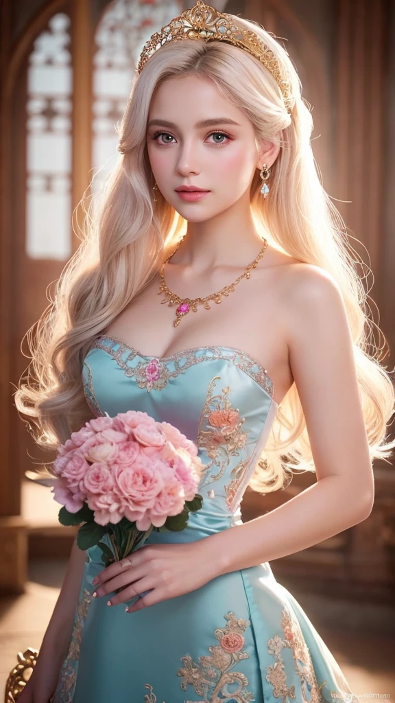White blonde hair, fluffy hair, stylish hair, long hair, lilac eyes, perfect eyes, beautiful, perfect face, , , short, gentle, curvy, a light flowing dress with ruffles at the bottom with small pink flowers and gold dragon embroidery with flowers, her tiara had beautiful teal gemstones, silver necklace, noble class, royalty, red castle, ballroom, medieval, elegant setting, soft dewy makeup, light peach blush, soft bronze eyeshadow, light coral lipstick, cute, feminine, girly, innocent, naive, princess, whimsical lighting, Targaryen, dragons in the sky, photorealistic