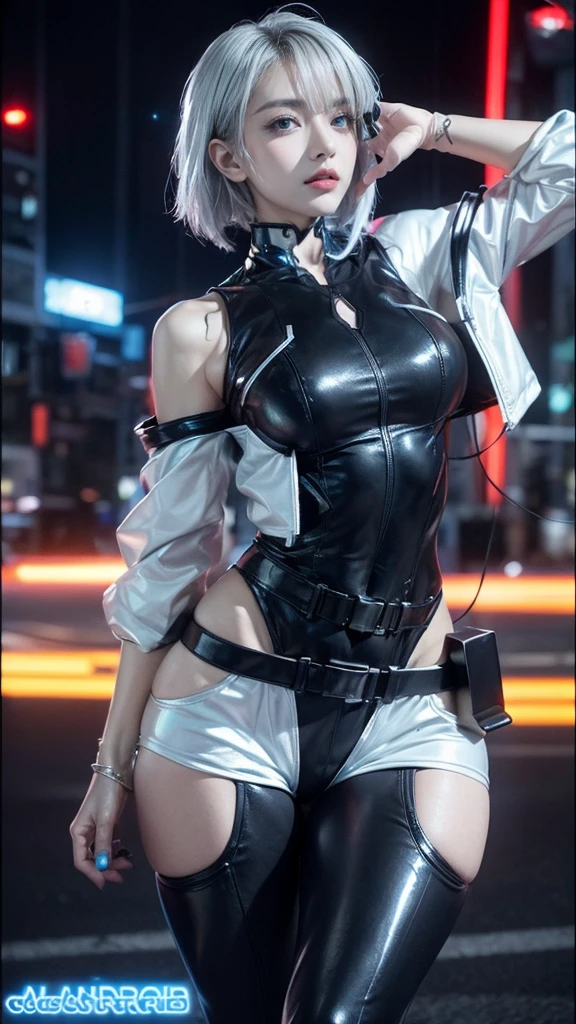 A futuristic cyberpunk woman with short, silver hair and striking blue eyes. She wears a sleek, form-fitting black and silver outfit with neon accents, showing off her toned physique. The background is a vibrant cityscape with neon lights and a modern, high-tech atmosphere. Her confident pose and intense gaze add to the dynamic and edgy vibe of the scene.