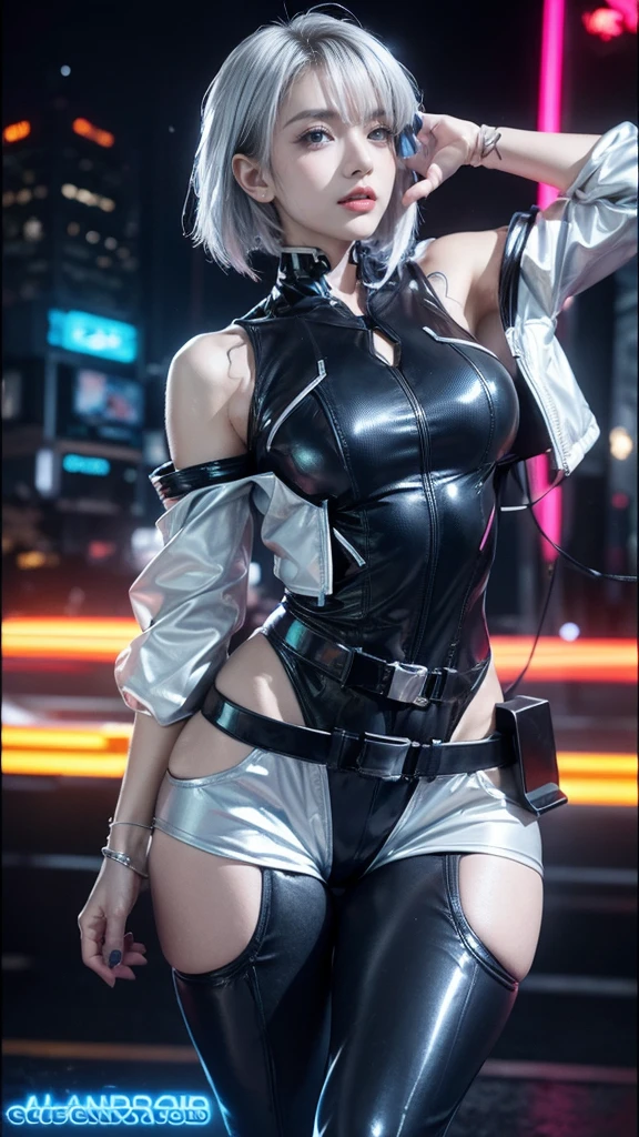 A futuristic cyberpunk woman with short, silver hair and striking blue eyes. She wears a sleek, form-fitting black and silver outfit with neon accents, showing off her toned physique. The background is a vibrant cityscape with neon lights and a modern, high-tech atmosphere. Her confident pose and intense gaze add to the dynamic and edgy vibe of the scene.