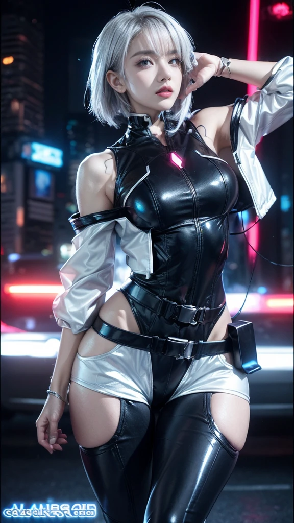 A futuristic cyberpunk woman with short, silver hair and striking blue eyes. She wears a sleek, form-fitting black and silver outfit with neon accents, showing off her toned physique. The background is a vibrant cityscape with neon lights and a modern, high-tech atmosphere. Her confident pose and intense gaze add to the dynamic and edgy vibe of the scene.