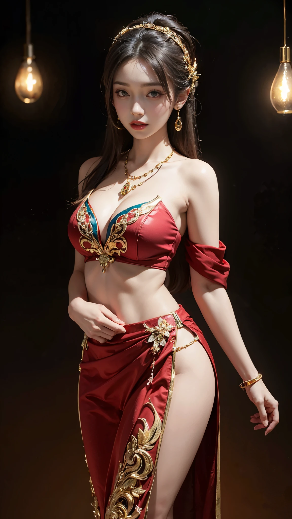 A stunning female character with an Eastern-inspired aesthetic, adorned in a gold necklace with intricate red beads and ornate jewelry, standing in front of a vibrant, glowing background that radiates warmth and beauty.8k