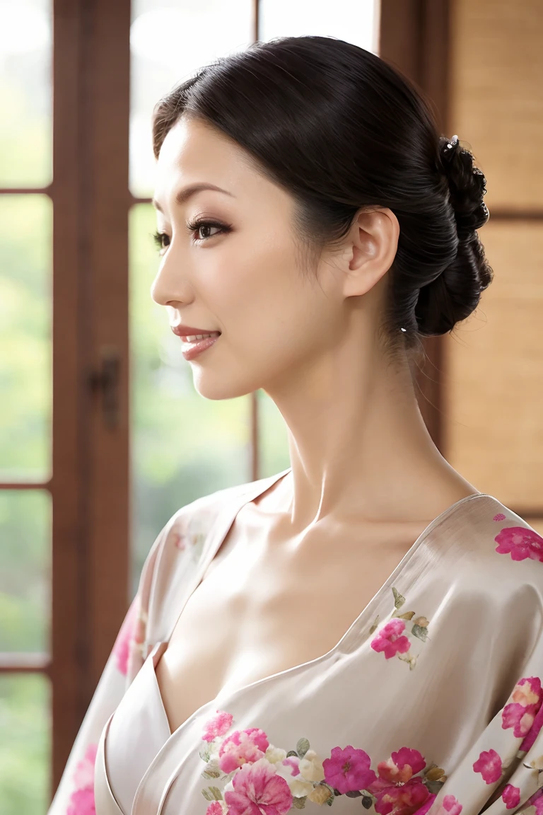 (Highest quality、Tabletop、8k、Best image quality、Award-winning works)、(One beautiful mature woman:1.1)、(Wrinkled aged face:1.2)、Adult face、(Innkeeper:1.1)、(Elegant floral kimono:1.2)、(V-neck collar:1.1)、(Cleavageが露わになる:1.2)、(Kimono that exposes the chest:1.3)、(Cleavage:1.5)、(Open chest:1.3)、(Large Breasts:1.4)、(Large Breastsの谷間を露出する:1.5)、Perfect mature woman portrait photo、Standing Elegantly、(Blurred elegant and exquisite perfect Japanese style room background:1.3)、(The most natural and perfect tidy Japanese style room background:1.2)、Radiant Skin、Perfect beautiful skin、(Accentuate your body lines:1.1)、(The most graceful posture:1.2)、Perfect beautiful glossy lips、(Accurate anatomy:1.1)、(A perfect and elegant outfit:1.1)、(Standing with good posture:1.1)、(Face close-up:1.2)、(Front facing body:1.2)、(Chignon:1.1)、Pink kimono