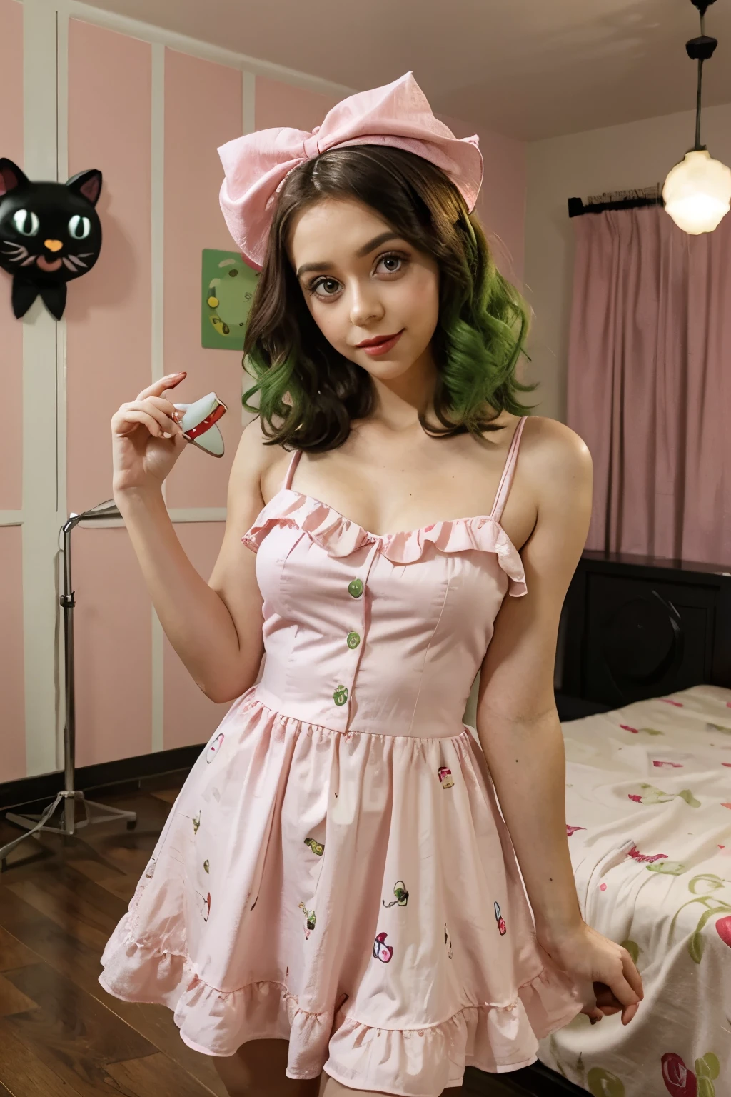 Cute flirty style clown in a pink dress in a room with a black cat with big eyes, a big-eyed green frog on the left and a guitar on the right