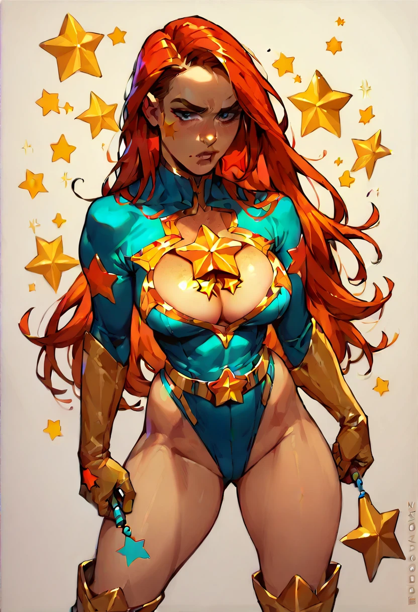 DeepNegative_xl_v1, masterpiece, Sexy, Superheroine, Red hair, long hair, busty, ((blue highleg leotard with a t-back thong and a gold star insignia on chest)), gold boots, gold gloves, ((Cleavage Cutout))