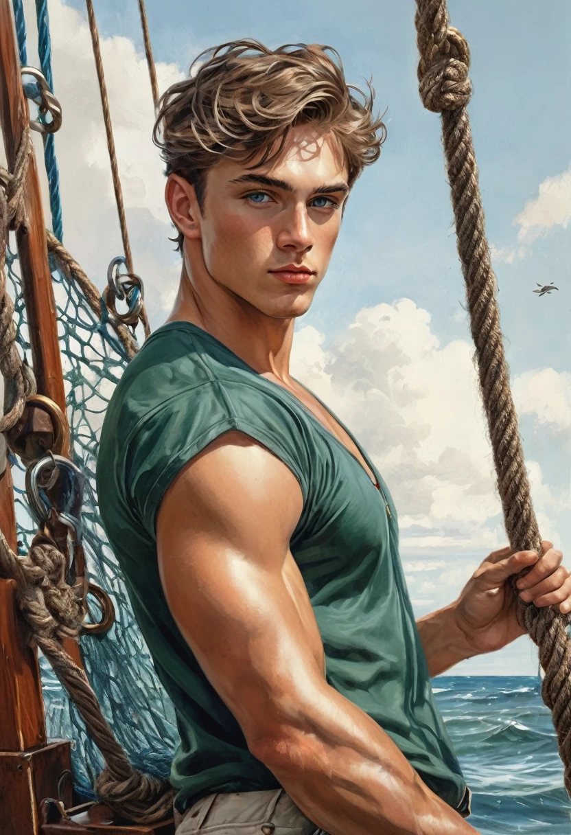 fullbody, wide shot view, oil painting+realism+jc_leyendecker+rembrandt, full body, innocent face, tender, youthful, young italian man, defined muscles, calisthenic swimmer, cinnamon skin, green eyes, wavy brown hair, straight nose, oval face, square jaw, thin lips, perfect smile, perfect anatomy wearing a blue silk loincloth, On the bow of the ship commanding the ship, intense hard cold colors golden hour, dramatic,