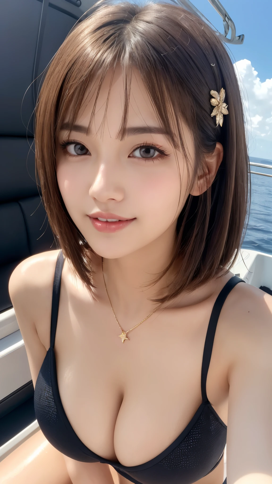 (masterpiece:1.3), high resolution, ultra detailed, extremely detailed CG unity 16k wallpaper, realistic, photo-realistic, RAW photo, super beautiful detailed face, natural makeup, pale skin, realistic glistening skin, detailed cloth texture, detailed hair texture, beautiful detailed fullbody, Perfect female body, accurate, Anatomically correct, Highly detailed face and skin texture, natural neck length, (beautiful hands), (fair skin:1.1), (well-aligned teeth:1.1), ((beautiful breastsage:1.3))iful thighs), (cowboy shot:1.3), (Perfect dynamic composition, looking at viewer),
BREAK,
Detailed eyes, symmetric eyes, Light Brown eyes, Double eyelids, Thin eyebrows, (Glossy lips:1.4), ((A face with waiting for a kiss:1.2)), (blush:1.1), (A sparkling small hair accessory:1.1), (beautiful smile:1.1), (sweat skin,blush:1.2), (Random and cute poses),
BREAK,
((short hair, bob, Dark blonde hair, bangs:1.2)),
(On the ship, summer, Random and cute Swimwear:1.3)