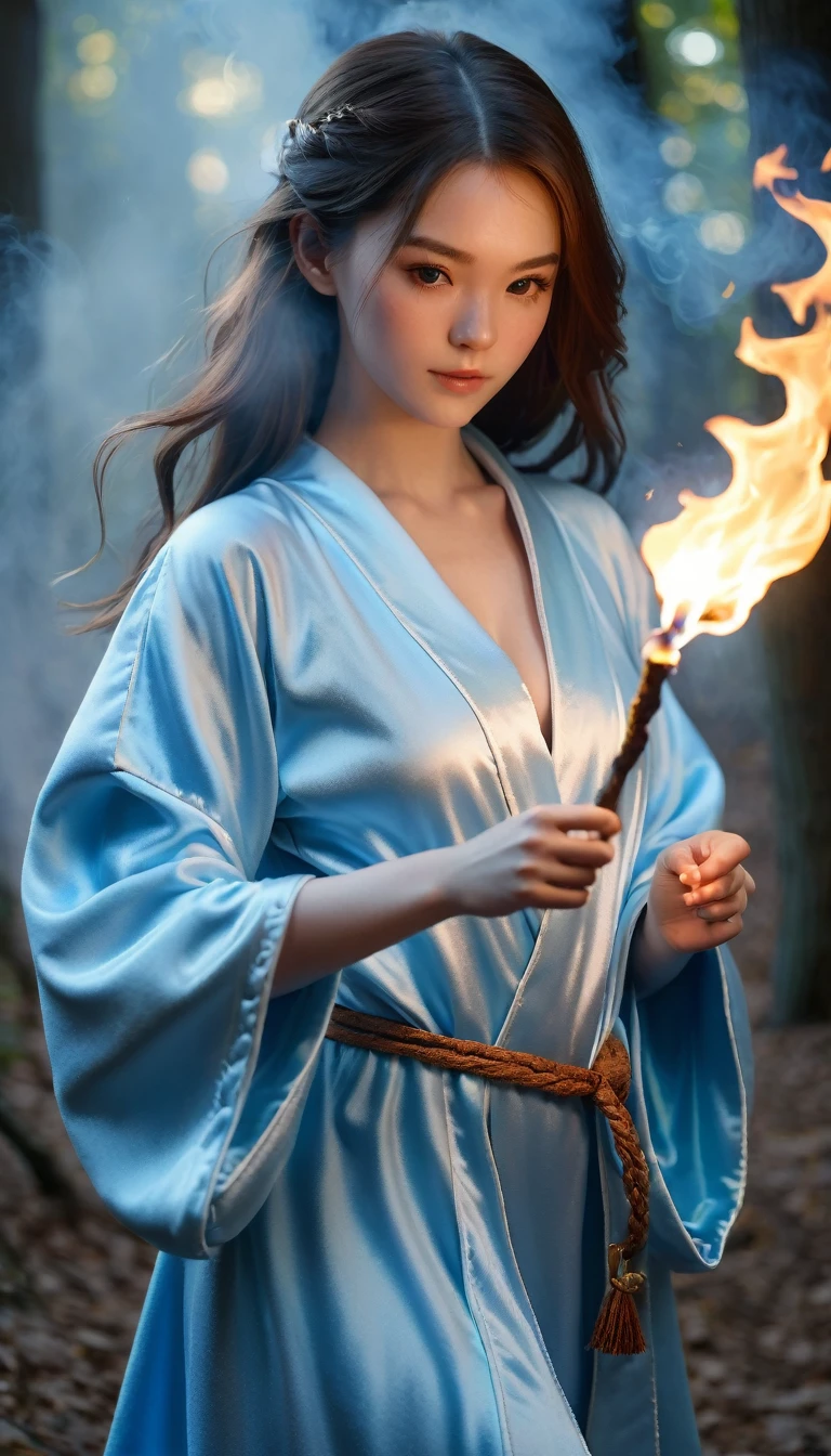 Highest quality realistic photos, Skin Texture, Hair texture, Magical Girl, Wearing a light blue robe, Casting a fire spell