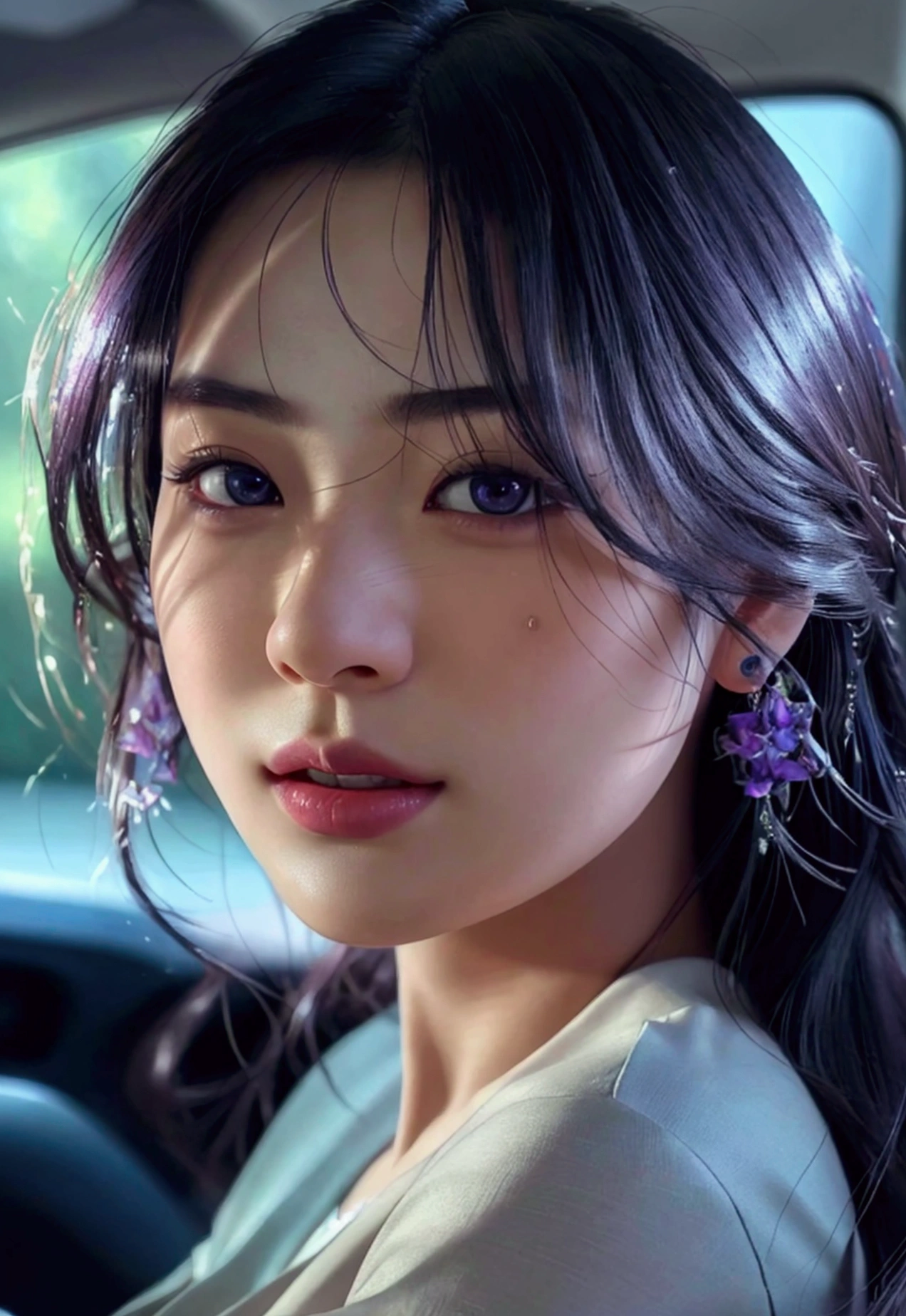 asian girl, 1girl, beautiful detailed eyes, beautiful detailed lips, extremely detailed eyes and face, long eyelashes, realistic, photorealistic, photo-realistic:1.37, (best quality,4k,8k,highres,masterpiece:1.2),ultra-detailed,(realistic,photorealistic,photo-realistic:1.37),HDR,UHD,studio lighting,ultra-fine painting,sharp focus,physically-based rendering,extreme detail description,professional,vivid colors,bokeh,inside a car,detailed interior,car interior,purple and black hair,realistic hair