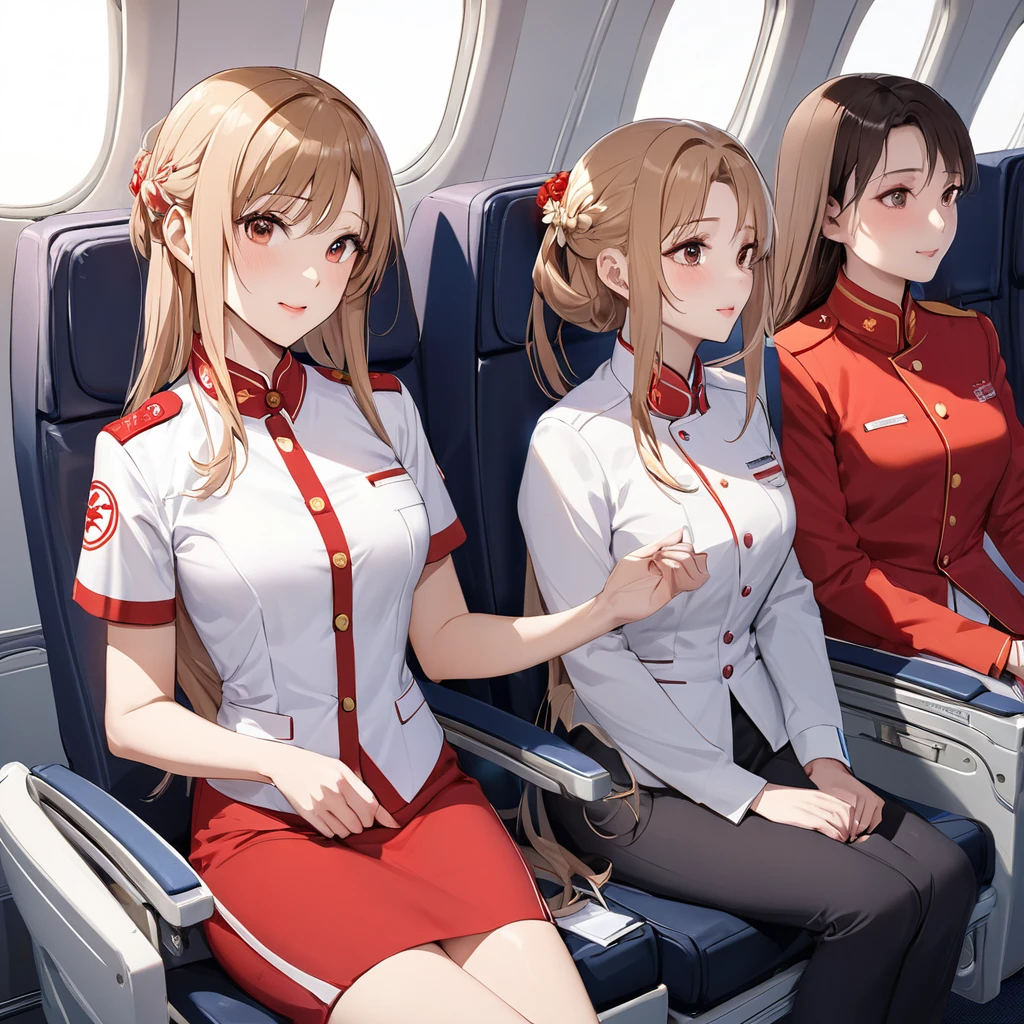 ((Highest quality)), ((masterpiece)), (detailed), （Perfect Face）、The woman is a Chinese flight attendant for Air China, named Yuuki Asuna, with light brown, medium-long hair.、The woman is wearing the red uniform of an Air China flight attendant.、The woman is an honorable special flight attendant reserved for members of the Chinese Communist Party.、The woman is the exclusive attendant of a dignified elderly man who is a member of the Chinese Communist Party and is relaxing in first class.