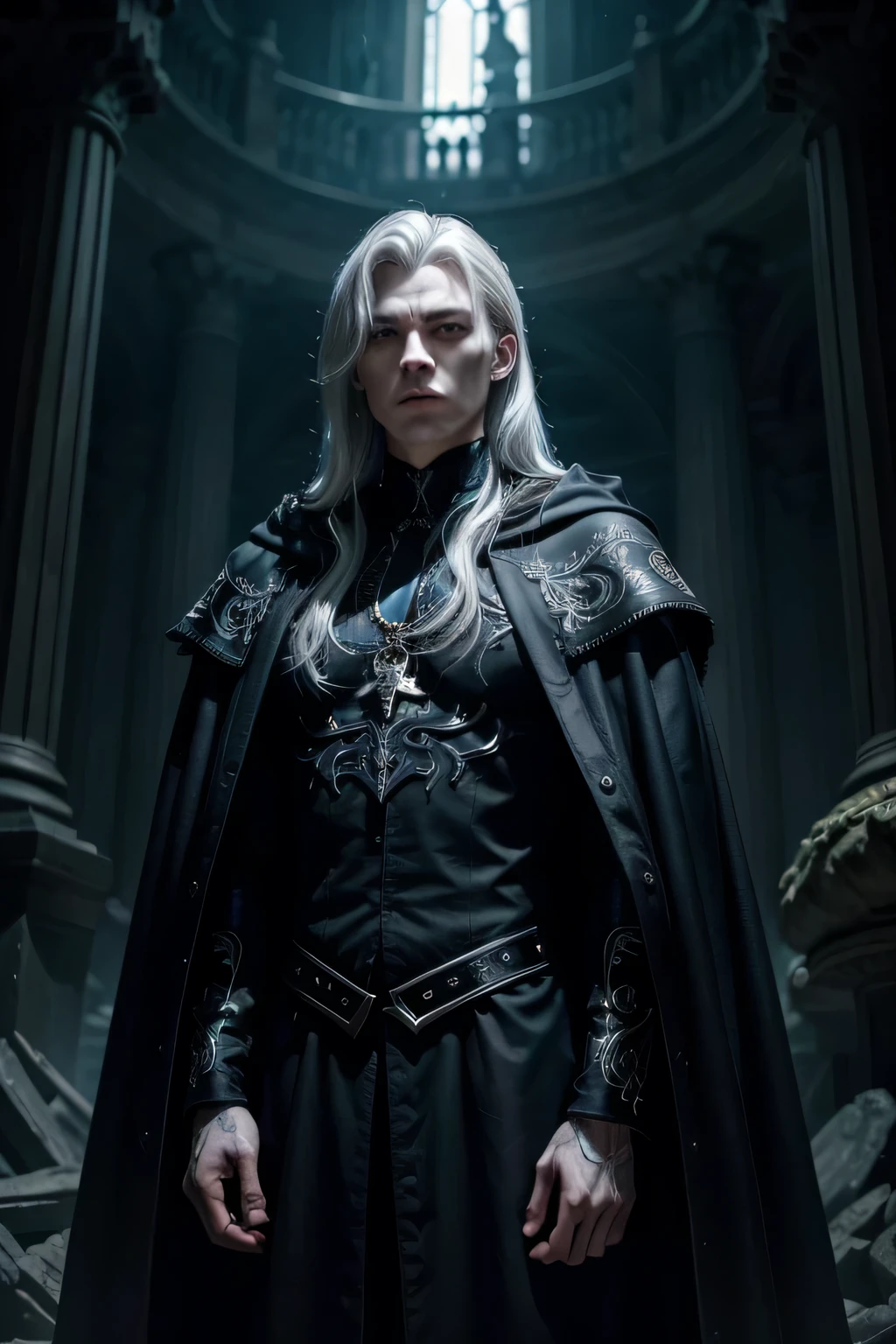 "Create a detailed realistic-anime-style illustration of Sans, the youngest member of a powerful vampire family. Sans has an ethereal and angelic beauty that starkly contrasts with his dark essence. His face is delicately sculpted with symmetrical features, giving him a celestial appearance. He has large, expressive blue eyes that seem to glow with an inner light, adding a touch of mystery and depth. His eyebrows are thin, finely arched, and perfectly symmetrical, highlighting his intense gaze.
Sans has long, straight, silvery-white hair that flows freely over his shoulders and down his back, reflecting light almost supernaturally. His hair should look smooth and silky, with a slight shine that adds to his otherworldly presence. His skin is extremely pale, almost like fine porcelain, giving him a fragile yet enchanting appearance.
He has a slender, elegant body with well-defined muscles, portraying a sense of strength and grace. He stands tall, but not overly intimidating, embodying a presence that is both commanding and refined. His attire consists of gothic-style clothing in dark tones such as black and deep purple. He wears a long, flowing cloak with intricate silver detailing that moves gracefully as he walks. The cloak is adorned with ancient symbols and elaborate embroidery, emphasizing his connection to mysticism and the vampire tradition.
Despite his angelic appearance, there is a dark and unsettling aura around him. His presence should convey a sense of danger and latent power, like a storm ready to unleash. His gaze is intense and cold, reflecting his true nature of cruelty and determination. The background should depict the shadowy depths of the Caverna dos Ancestrais, illuminated by eerie purple flames, adding to the gothic and mysterious atmosphere."
---