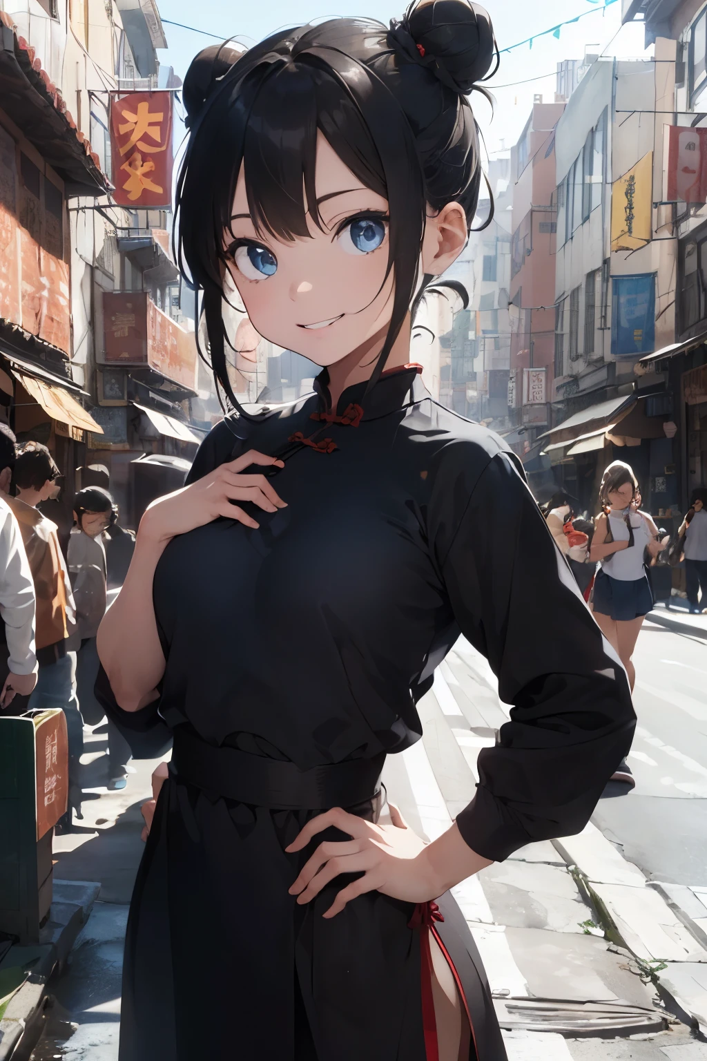 ((Top Quality)), ((Excellent)), (Details), , cate, Ultra-Realistic, Stunning Environment, Bright Colors, 13 Years Old,((Blue Eyes)) , Black Hair, (Childish Face), ((shy-smile)),(twin bun hair), ,((close_up)), Medium Breasts, ((red cheongsam)), ((Nude)), ((topless)) , ((Chinatown)), (extreme_close_up), Chinese street,Taiwan, ((Open chest)), (one hand on hip),