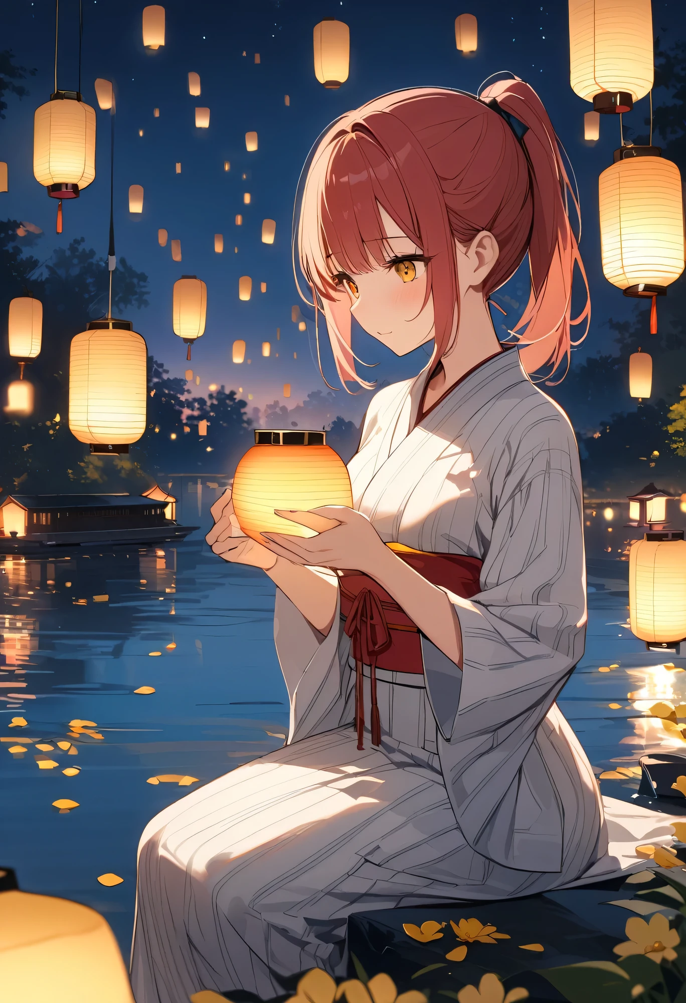 Highest quality、High resolution、Detailed Background、Beautiful face in every detail、Normal number of fingers、Highly detailed face、age beauty、Perfect body line、Bobcut、ponytail、Twin tails、Obon season、A scene unique to Obon、A warm scene、At dusk、
The lights of the river lanterns sway on the surface of the river.、In the light, a girl in a white yukata is projected.、The girl carefully lights the river lantern.、We are praying with our hands together、
Ancestors with a gentle expression々It conveys the feeling of mourning the、Next, the girl begins to float flowers on the river lantern.、Red or white、Small yellow petals spread across the surface of the river.、The girl puts flowers in her hands and gently floats the river lantern down the river.、I am fascinated by the river lights floating away on the current.、Xu々As night deepens、The surroundings are enveloped in darkness、But the girl seems to be surrounded by the soft light of the river lanterns.、In this quiet moment, a gentle thought dwells in the girl's eyes.、You can feel the overlap of gratitude to one's ancestors and hopes for the future.、There is a custom of sending off the spirits of ancestors by floating lanterns down the river.