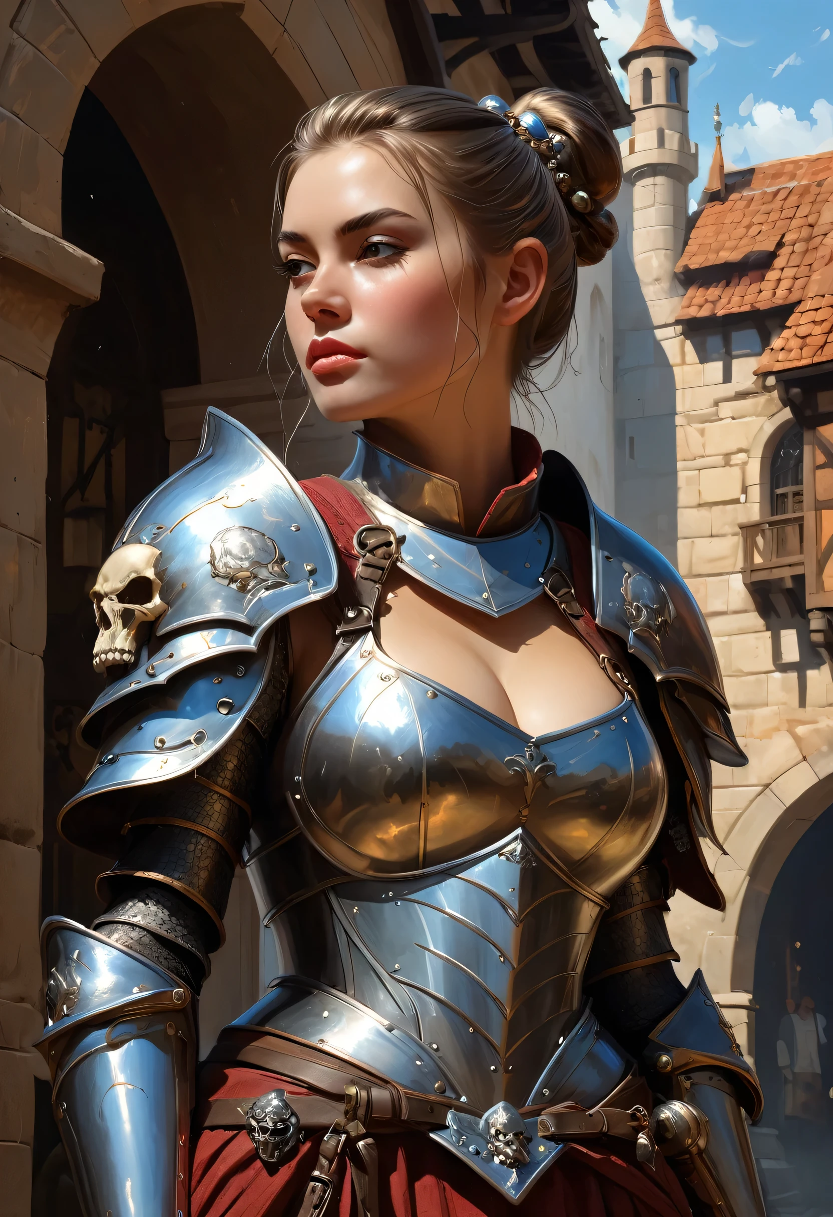 1 girl, 18-years old ,beautiful chest,Huge breasted,armored,armor with skull carvings is very complicated, ponytail hair, model shoot style, Extremely detailed CG 8k unity wallpaper, foto completa do corpo da work of art mais bonita do mundo,medieval city,professional majestic oil painting by Ed Blinkey, Atey Ghailan, por Jeremy Mann, Greg Manchess, Antonio Moro, trends on ArtStation, trends at CGSociety, intrikate, high détail, sharp focus, Dramatic, fotorrealista por Midjourney e Greg Rutkowski,incredibly absurdres, ultra detaild, high resolution, realistic lighting, fotorrealism, Hyper-Realism,work of art,swirly vibrant colors,stunning visuals,ultra-skin texture,stable diffusion,Perfect Anatomia,crazy details,medieval background