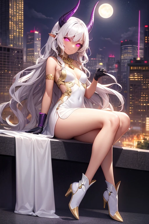 ((best quality)), ((masterpiece)), (detailed), 1 girl, full body, 20s, brown skin, african american, flirtatious face, young , evil smile, pink eyes, moons in eyes, black sclera, albino hair, somewhat wavy hair, long hair, bangs, blushing, medium breasts, small braid, gold necklace, crown with very small horns, white and purple sorceress dress, bare arms, cloth on arms, seductive legs, purple boots, fan, golden wristbands, purple gloves, city background, magic, anime