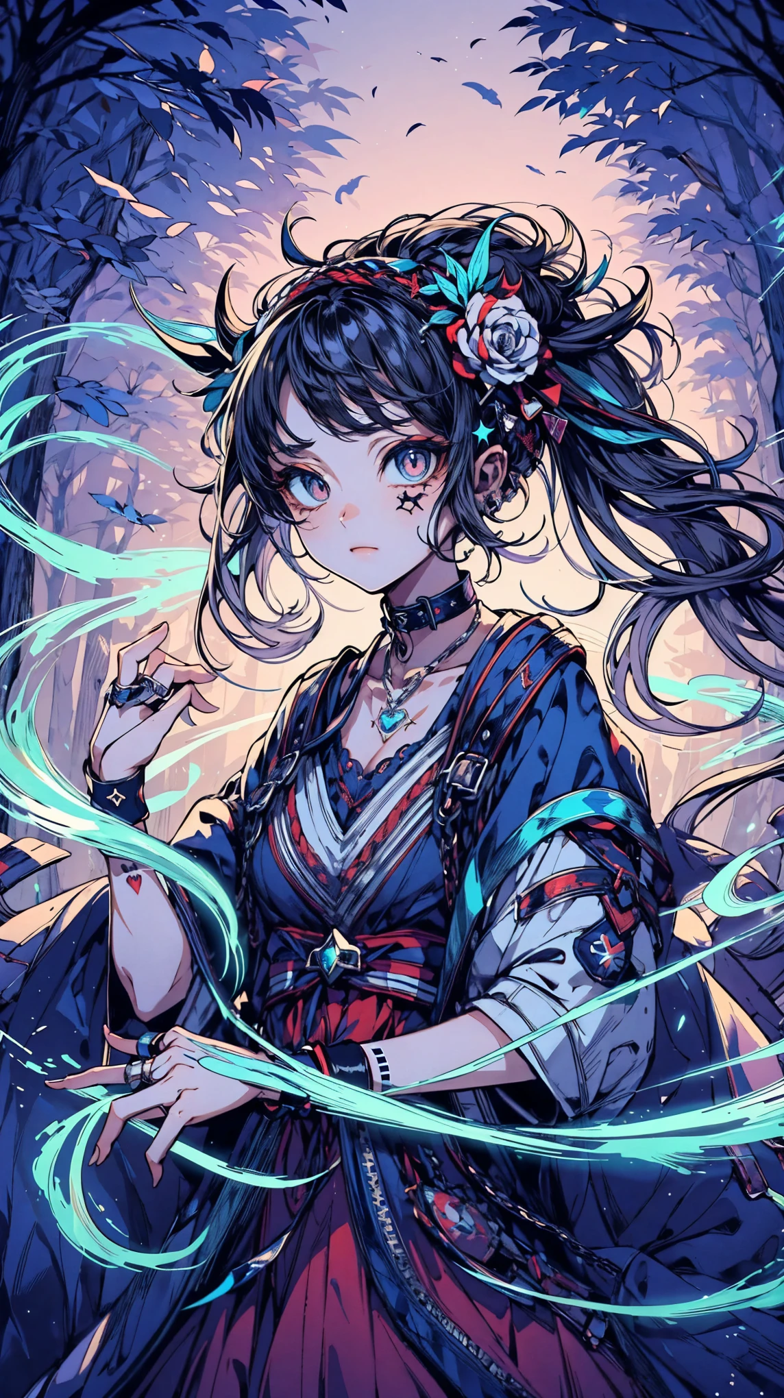 (high quality), (masterpiece), (detailed), 8K, girl, eyes shining with ambition, stands at edge of (mystical forest1.3), ready to embark on adventure to master elemental magic. As she absorbs power of elements, she feels their profound effect, eager to harness magic for her journey. (high quality), (masterpiece), (detailed), 8K, Anime style character with (cool and edgy tattoos1.3), dressed in (fashionable clothing1.2), posing confidently. Expression fierce, stylish accessory coiled around arm. Thicker outlines emphasize striking, modern fashion, vibrant palette enhances scene.