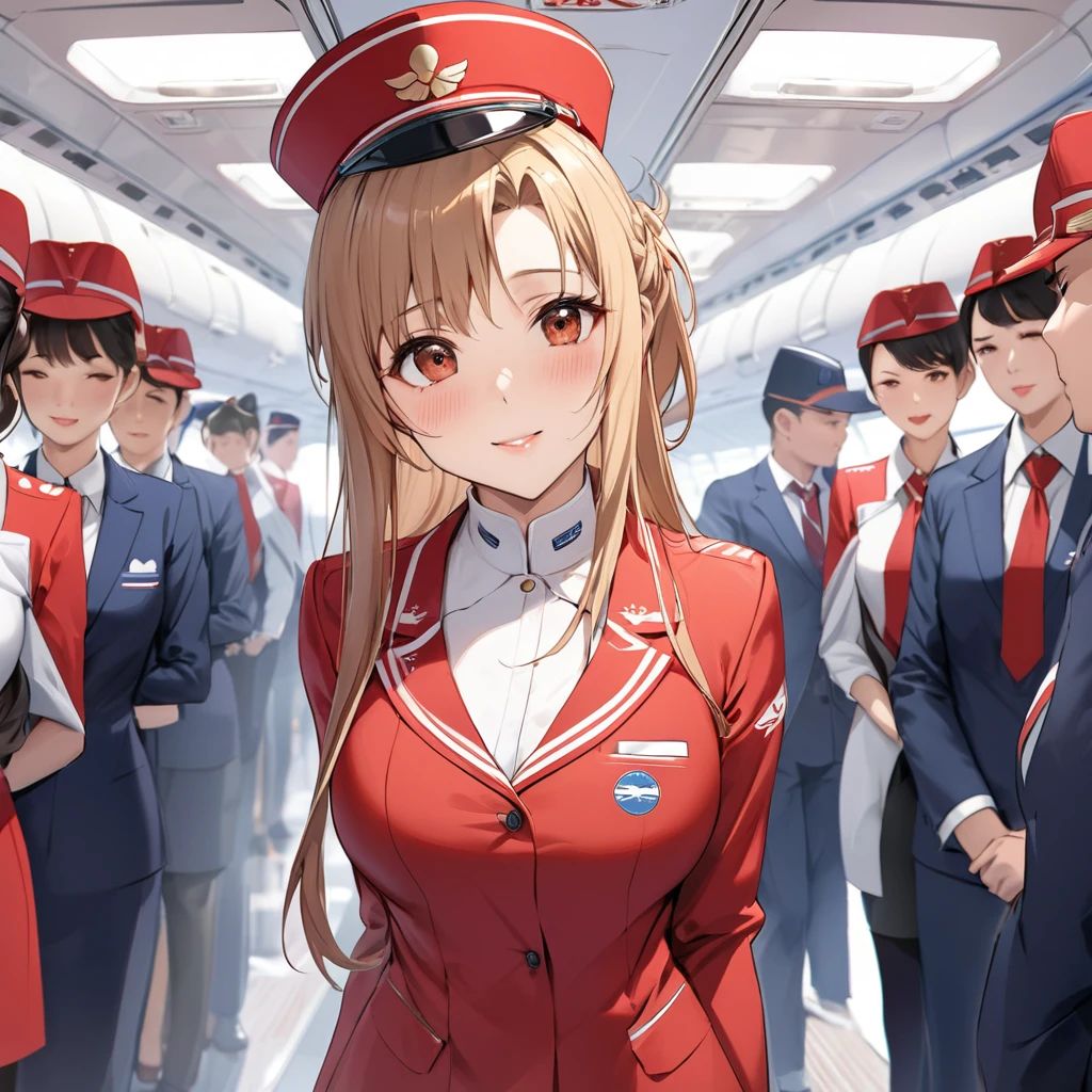((Highest quality)), ((masterpiece)), (detailed), （Perfect Face）、The woman is Yuuki Asuna, a flight attendant for Shandong Airlines, a Chinese woman with light brown, medium-long hair.、The woman is wearing a red Shandong Airlines flight attendant uniform, a uniform scarf and a uniform hat.、She is wearing the bright red uniform that is so typical of China.、Flight attendants were photographed gathering in a line.