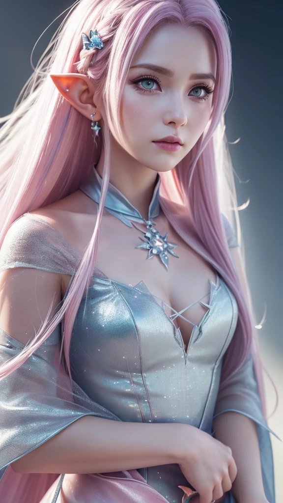 elf girl (rose quartz SU-Elza frozen Disney Tinker waifu blending models .) (ultra fusion of white and pink hair) CG Unity 8k highly detailed wallpaper, Style shot, complex, high detail, dramatic, Highest quality film still image, Very detailed, Masterpiece, Best quality, Character design, Elza, Elsa the frozen,Pink Diamond fusion (( Dark style)), ultra detailed and realistic rendering style, Natural light, sharp Character design, (hard focus, 8k), (((natural skin texture))), 8k textures, soft cinematic lighting, adobe bright room, dark room, HDR, sophisticated, Elegant, rich detail, Sharp focus look) )), soothing tones, Detail frenzy, intricate detail, super detail, low contrast, SoFt film lighting, Soft colors, Exposure blending, HDR, De-focus, 35mm,  f/1.4, THEY ARE LIKE THIS, f 16, 25 seconds.