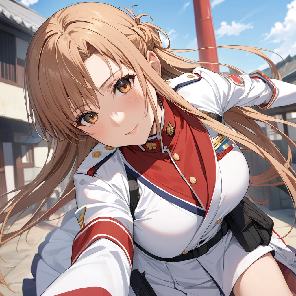 ((Highest quality)), ((masterpiece)), (detailed), (Perfect Face)、The woman is Asuna Yuki, a female member of the Japanese Self-Defense Forces. She has light brown, semi-long hair and is a female member of the Japanese Self-Defense Forces dressed in a full-dress Self-Defense Force uniform.