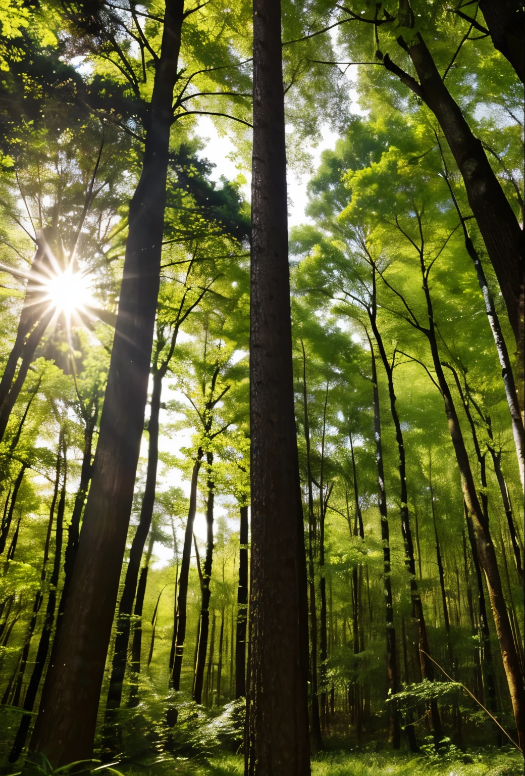 A sunny forest, dark brown tree trunks, light green leaves, sunshine shining through the leaves.
