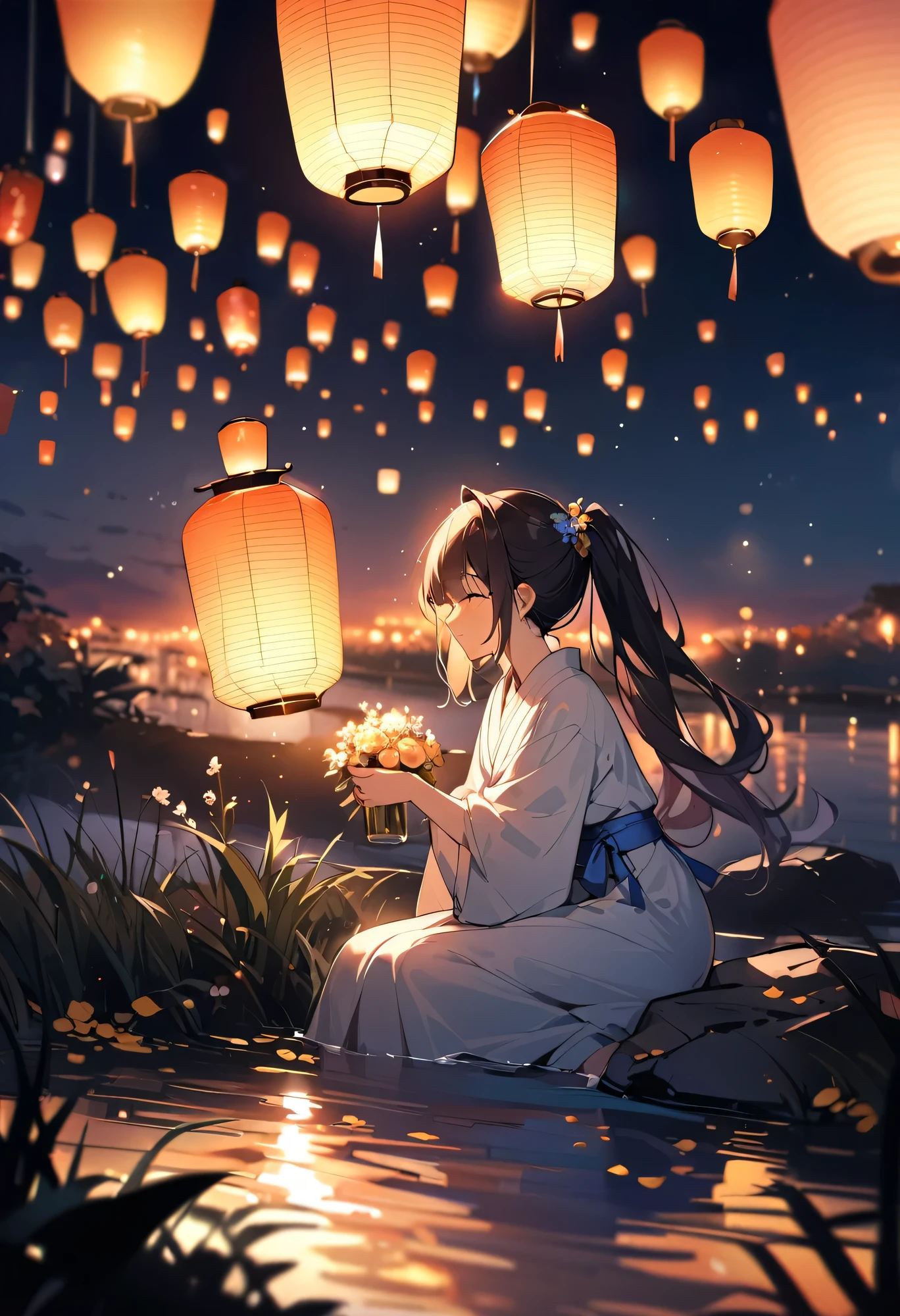 Highest quality、High resolution、Detailed Background、Beautiful face in every detail、Normal number of fingers、Highly detailed face、age beauty、Perfect body line、Bobcut、ponytail、Twin tails、Obon season、A scene unique to Obon、A warm scene、At dusk、
The lights of the river lanterns sway on the surface of the river.、In the light, a girl in a white yukata is projected.、The girl carefully lights the river lantern.、We are praying with our hands together、
Ancestors with a gentle expression々It conveys the feeling of mourning the、Next, the girl begins to float flowers on the river lantern.、Red or white、Small yellow petals spread across the surface of the river.、The girl puts flowers in her hands and gently floats the river lantern down the river.、I am fascinated by the river lights floating away on the current.、Xu々As night deepens、The surroundings are enveloped in darkness、But the girl seems to be surrounded by the soft light of the river lanterns.、In this quiet moment, a gentle thought dwells in the girl's eyes.、You can feel the overlap of gratitude to one's ancestors and hopes for the future.、There is a custom of sending off the spirits of ancestors by floating lanterns down the river.
