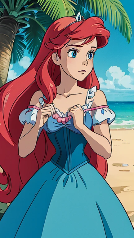 (a girl as ArielWaifu), (extremely detailed CG unit 8k wallpaper),(master part), (best quality), (ultra detail), (best illustration),(ghibli style), cowboy shot,(Sharp eyeliner, ombre, detailed eyes:1), outdoor, Disney beach, GHIBLI_Background,break,upper body, Blue eyes, red long hair, pink dress, tiara, corset