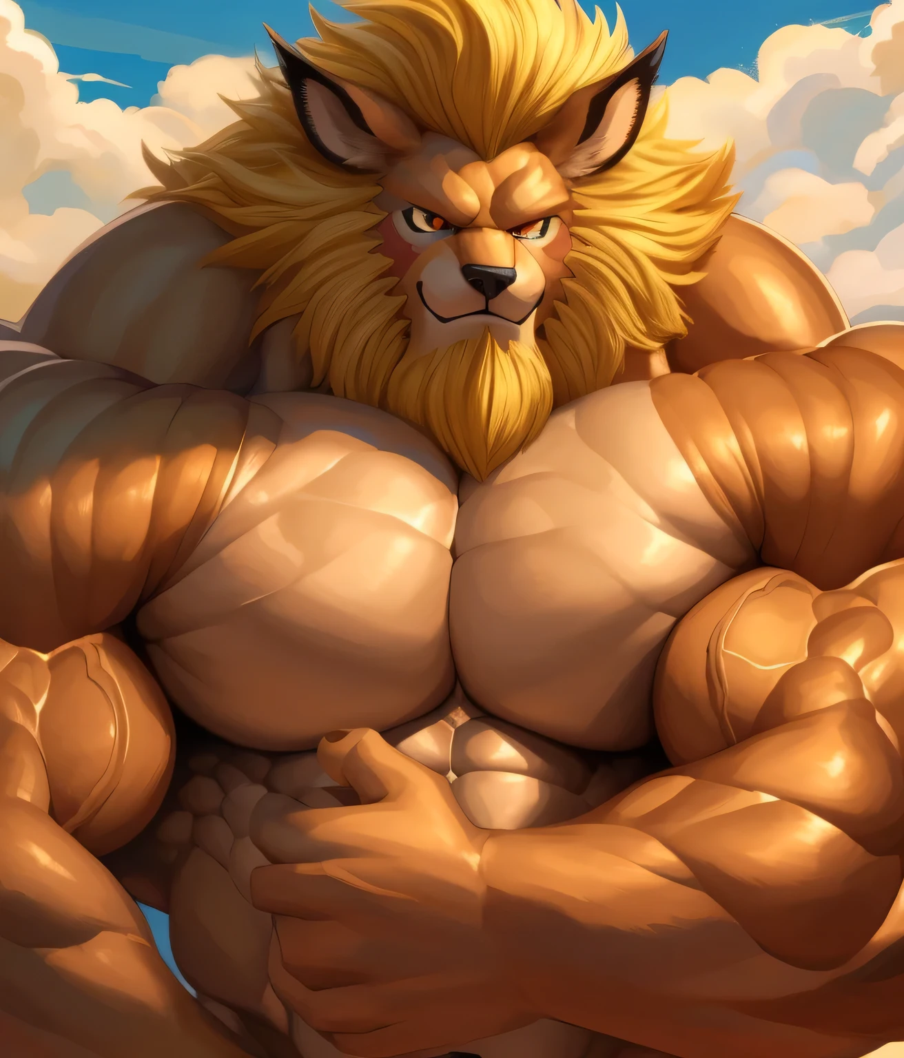 Solo, 1boy, a huge muscular furry Leomon old man working out in the beach, digimon, huge shoulder muscle, shirtless, muscle, strong man, strong leomon, huge muscle, short golden hair, arrogant smile, golden hair, massive body, ((really big muscle, massive muscular, sixpack, thick arms, wide pectoral, super huge muscle, hyper muscular, over sized muscle, huge arms, big arms, huge pectoral)), thong, thick golden fur, strong muscle, strong and intimidated, masterpiece, muscular, five fingers, correct anatomy, commission for high res, male, fantasy art, very very beautiful art, art painting , painting art, beach. Close up Look, look up view.