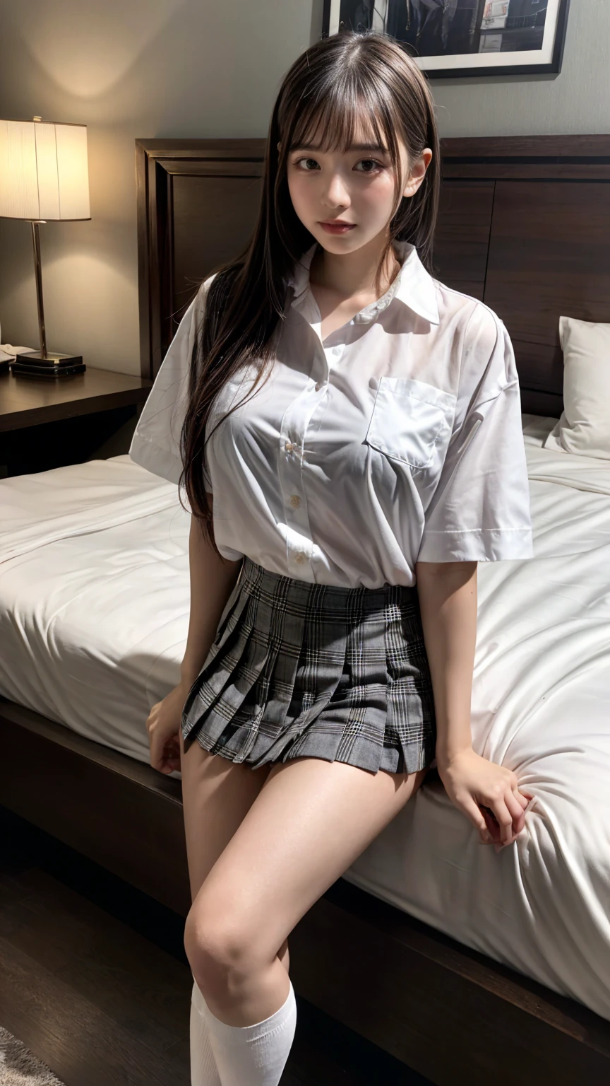 (8K, RAW Photos, Highest quality, masterpiece:1.2), (professional photography, full colors, studio-caliber color grading), (Gravure quality for high-end fashion magazines), BREAK,18 year old girl, (boyish:1.15), (mannish:1.1), Big Natural Color Lip, Plumpy body, (smooth skin:1.1), (huge breasts:1.0), BREAK (school uniform:1.2), ((loose style, tucked out tops):1.2), (fusion of oversized white tunic and white collared-shirt with untucked:1.4), (short sleeve:1.3), (button-up:1.4), (black and gray plaid pattern pleated mini skirt:1.2), (thigh skin:1.4), (socks:1.2), (loafers:1.1), BREAK hotel room