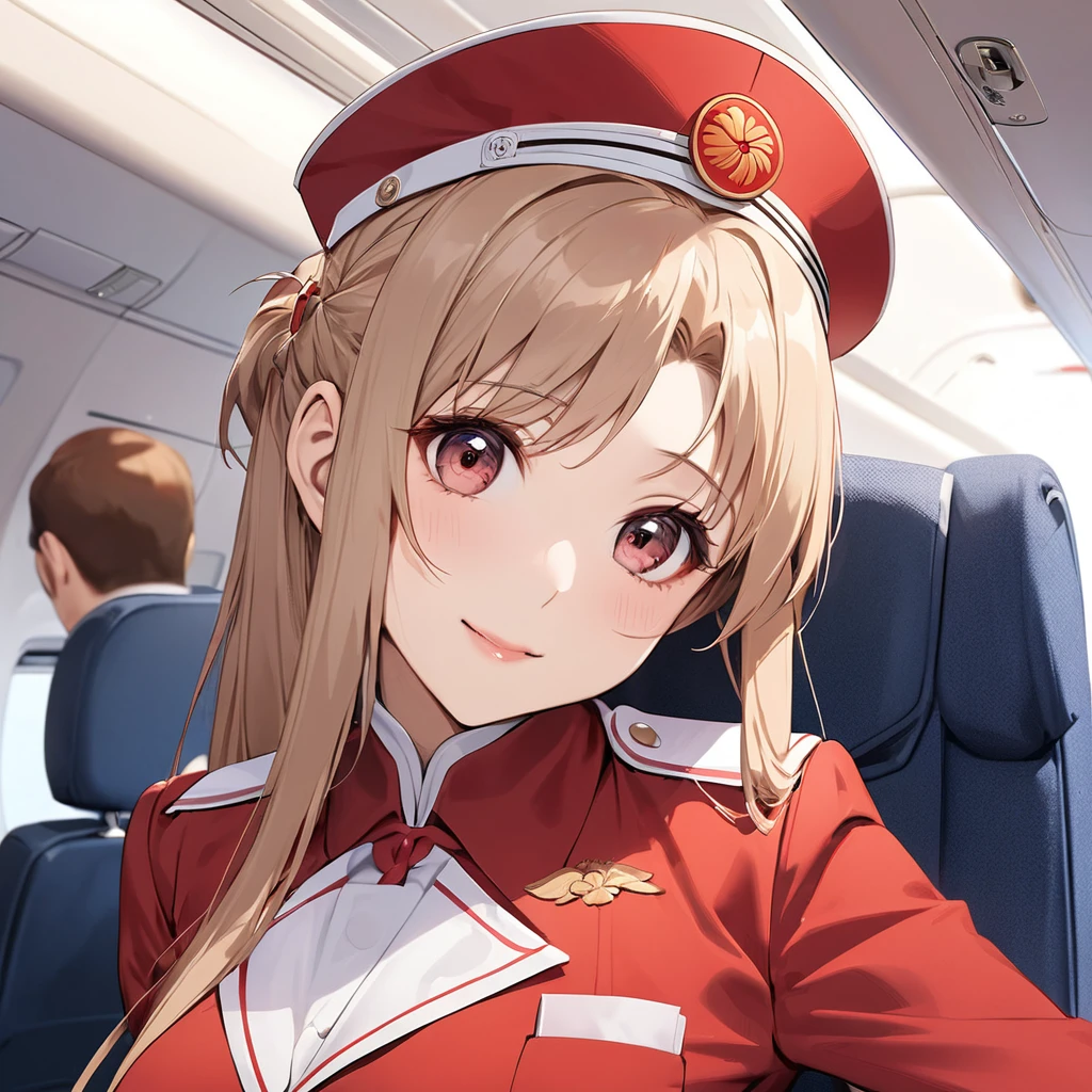 ((Highest quality)), ((masterpiece)), (detailed), (Perfect Face)、The woman is a Chinese flight attendant for Air China, named Yuuki Asuna, with light brown, medium-long hair.、The woman is wearing the red uniform of an Air China flight attendant.、The woman is an honorable special flight attendant reserved for members of the Chinese Communist Party.、The woman is a first-class passenger, and is the exclusive host and entertainer of a dignified elderly man who is a member of the Chinese Communist Party.