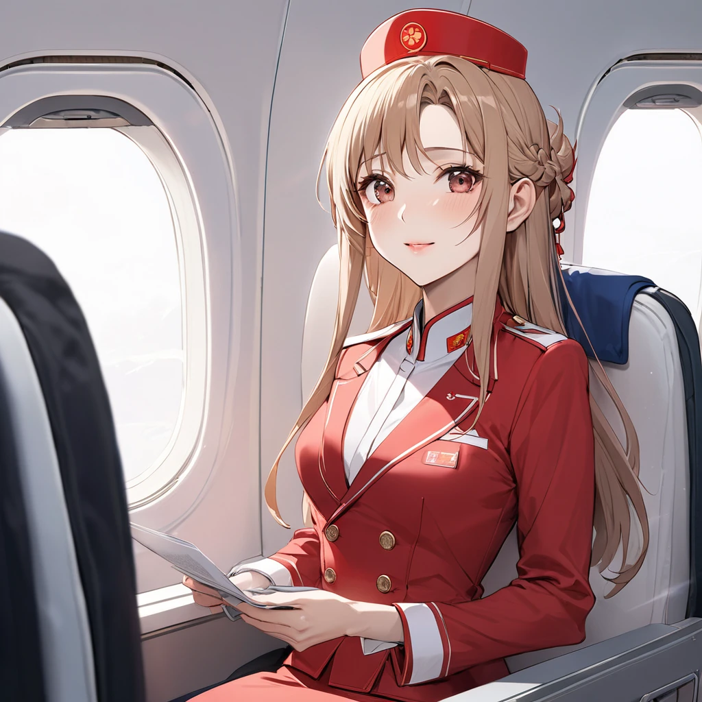 ((Highest quality)), ((masterpiece)), (detailed), (Perfect Face)、The woman is a Chinese flight attendant for Air China, named Yuuki Asuna, with light brown, medium-long hair.、The woman is wearing the red uniform of an Air China flight attendant.、The woman is an honorable special flight attendant reserved for members of the Chinese Communist Party.、The woman is a first-class passenger, and is the exclusive host and entertainer of a dignified elderly man who is a member of the Chinese Communist Party.