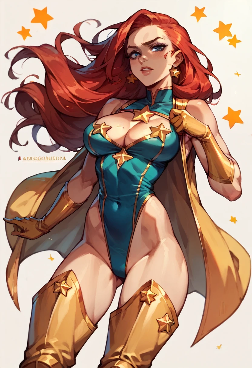 masterpiece, Sexy, Superheroine, Red hair, long hair, busty, ((blue highleg leotard with a t-back thong and a gold star insignia on chest)), gold boots, gold gloves, ((Cleavage Cutout))