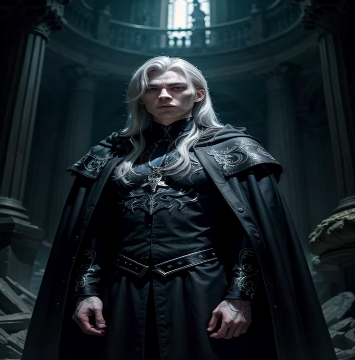 "Create a detailed realistic-anime-style illustration of Sans, the youngest member of a powerful vampire family. Sans has an ethereal and angelic beauty that starkly contrasts with his dark essence. His face is delicately sculpted with symmetrical features, giving him a celestial appearance. He has large, expressive blue eyes that seem to glow with an inner light, adding a touch of mystery and depth. His eyebrows are thin, finely arched, and perfectly symmetrical, highlighting his intense gaze.
Sans has long, straight, silvery-white hair that flows freely over his shoulders and down his back, reflecting light almost supernaturally. His hair should look smooth and silky, with a slight shine that adds to his otherworldly presence. His skin is extremely pale, almost like fine porcelain, giving him a fragile yet enchanting appearance.
He has a slender, elegant body with well-defined muscles, portraying a sense of strength and grace. He stands tall, but not overly intimidating, embodying a presence that is both commanding and refined. His attire consists of gothic-style clothing in dark tones such as black and deep purple. He wears a long, flowing cloak with intricate silver detailing that moves gracefully as he walks. The cloak is adorned with ancient symbols and elaborate embroidery, emphasizing his connection to mysticism and the vampire tradition.
Despite his angelic appearance, there is a dark and unsettling aura around him. His presence should convey a sense of danger and latent power, like a storm ready to unleash. His gaze is intense and cold, reflecting his true nature of cruelty and determination. The background should depict the shadowy depths of the Caverna dos Ancestrais, illuminated by eerie purple flames, adding to the gothic and mysterious atmosphere."
---