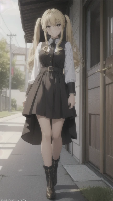 masterpiece, best quality, 1girl, solo, saotome mary, twintails, blonde hair, brown eyes, evil smile, full body, outdoors