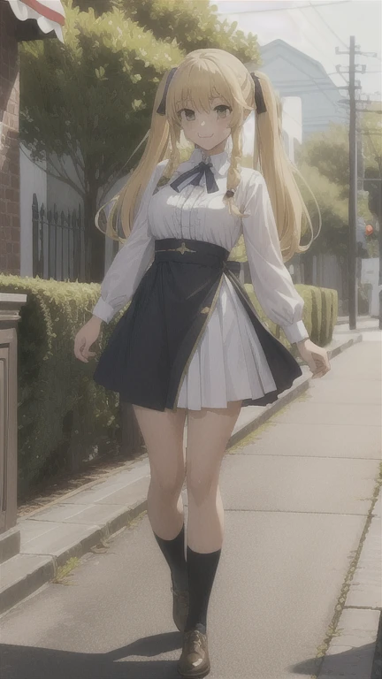 masterpiece, best quality, 1girl, solo, saotome mary, twintails, blonde hair, brown eyes, evil smile, full body, outdoors