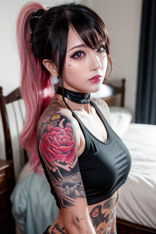 masterpiece, 1girl, beautiful, tattoos, covered in tattoos, tattoos covering body, body being covered in tattoos, arm tattoos, neck tattoos, face tattoos, tattoos on arms, tattoos on neck, punk, bedroom, crop top, off the shoulder, bedroom, mascara, eyeliner, smoky eyes, smokey eyes, evil, pink hair side ponytail with bangs
